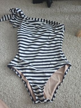 J. Crew Navy and White Striped One-Shoulder Swimsuit